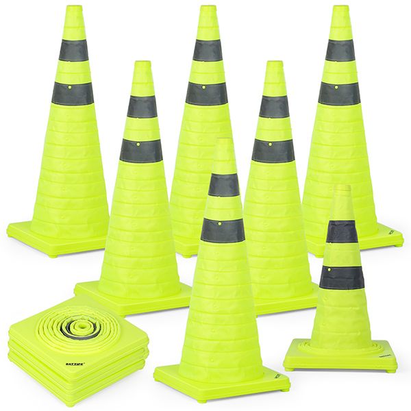 BATTIFE [10 Pack] 28 inch Collapsible Traffic Cones, Lime Green Safety Cones, Pop-up Cones with Reflective Collar, for Driving Practice,Road Parking (Green)