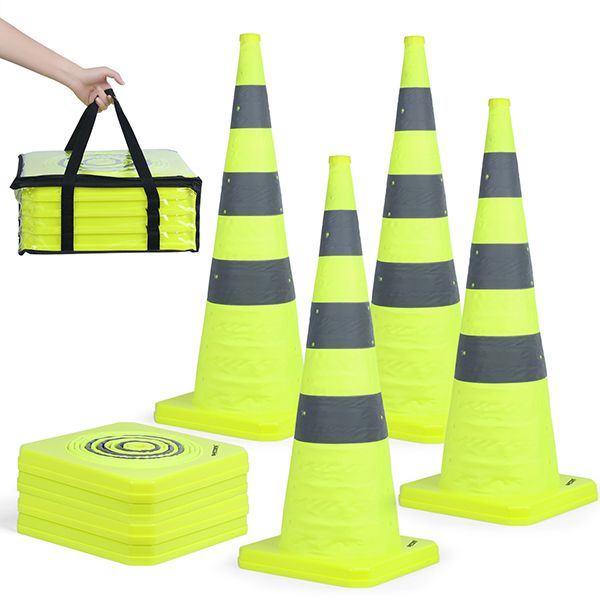 BATTIFE [4 Pack] 36 inch Collapsible Traffic Cones, Lime Green Safety Cones, Pop-up Cones with Reflective Collar, for Driving Practice,Road Parking (Green)