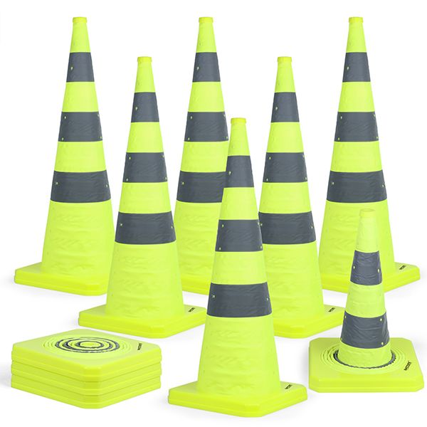 BATTIFE [10 Pack] 36 inch Collapsible Traffic Cones, Lime Green Safety Cones, Pop-up Cones with Reflective Collar, for Driving Practice,Road Parking (Green)