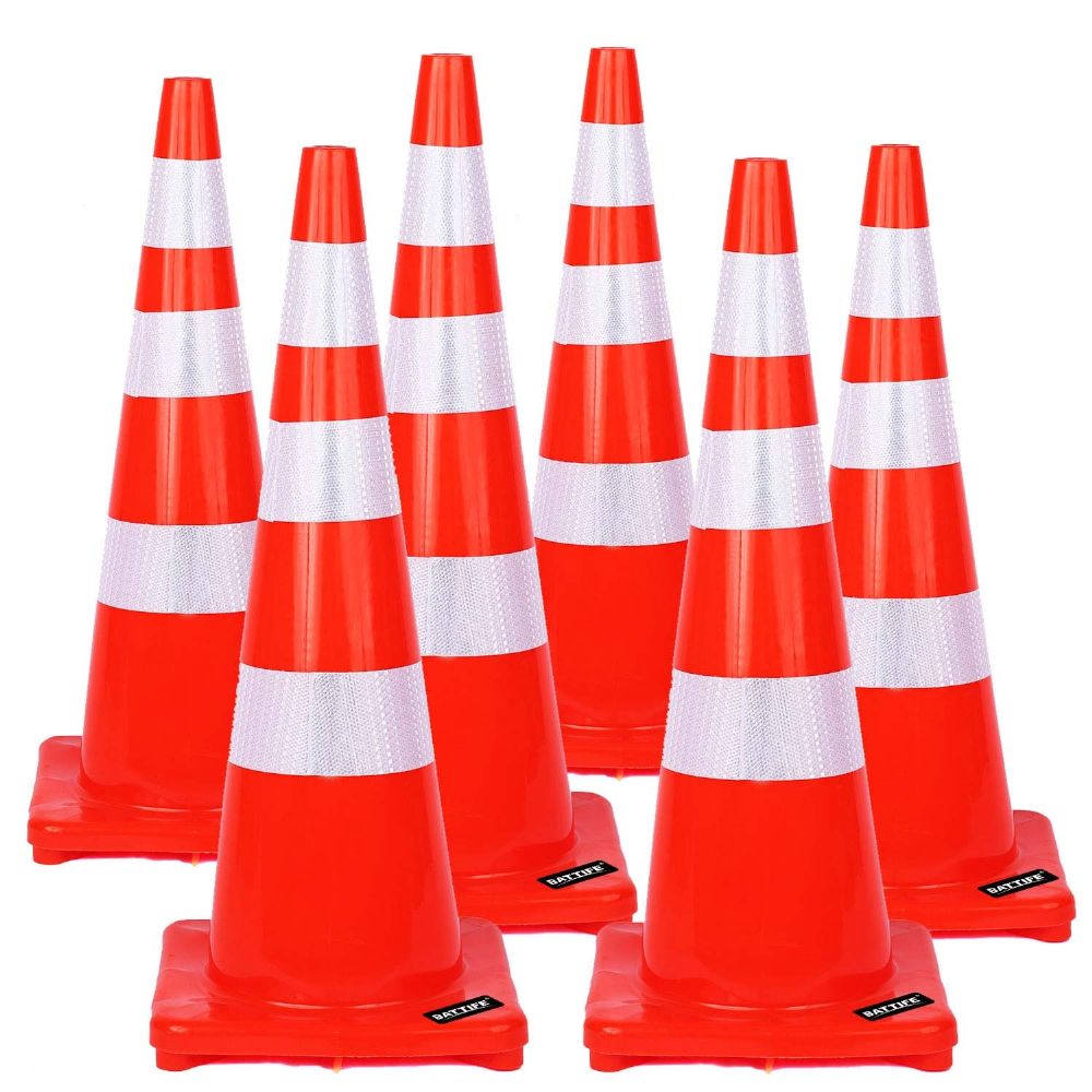 Battife 36 Inch Traffic Safety Cones 6Pack PVC Cone With Reflective