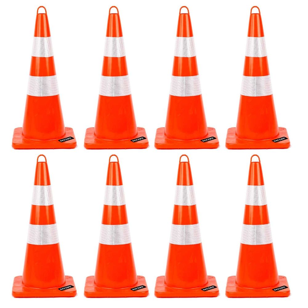 BATTIFE 28'' inches Traffic Safety Cones | 8 Pack | Durable PVC Cone with Reflective Collars, Orange Construction Cone for Traffic Control, Driveway Road Parking Use