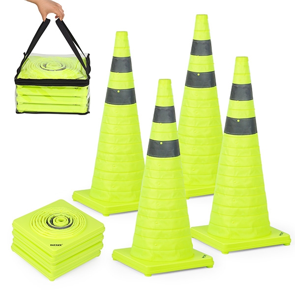 BATTIFE [4 Pack] 28 inch Collapsible Traffic Cones, Lime Green Safety Cones, Pop-up Cones with Reflective Collar, for Driving Practice,Road Parking (Green)