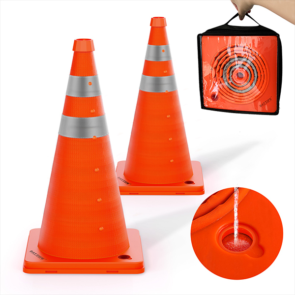 BATTIFE [2 Pack] 18'' inch Collapsible Traffic Safety Cones with Fillable Base, Orange Safety Cones, Multi Purpose Pop-up Cones with Reflective Collar, for Road Parking, Driving Practice