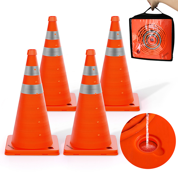 BATTIFE [4 Pack] 18'' inch Collapsible Traffic Safety Cones with Fillable Base, Orange Safety Cones, Multi Purpose Pop-up Cones with Reflective Collar, for Road Parking, Driving Practice