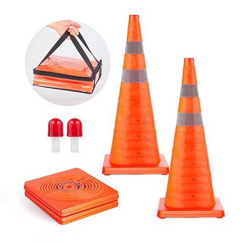 [2 Pack] 28'' inch Collapsible Traffic Safety Orange Cones, Multi Purpose Pop-up Cones with LED Light and Reflective Collar, for Road Parking, Driving Practice