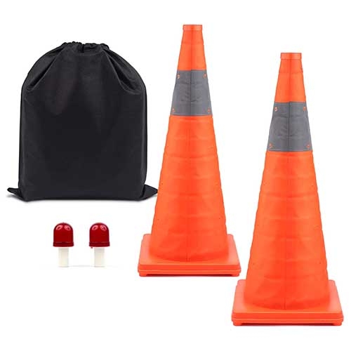 BATTIFE [2 Pack] 28'' inch Collapsible Traffic Safety Cones, Orange Cones, Multi Purpose Pop-up Cones with LED Light and Reflective Collar, for Road Parking, Driving Practice