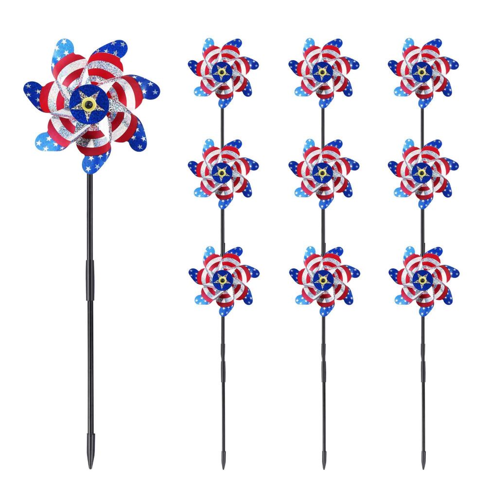 BATTIFE 10 Packs Sparkly Reflective Pinwheels for Yard and Garden, American Flags Bird Blinder Pin Wheel Scare Birds & Animal Away Wind Spinner