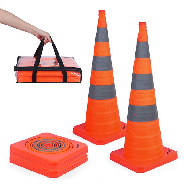 BATTIFE [2 Pack] 36'' inch Collapsible Traffic Safety Cones, Orange Cones, Multi Purpose Pop-up Cones with Reflective Collar, for Road Parking, Driving Practice