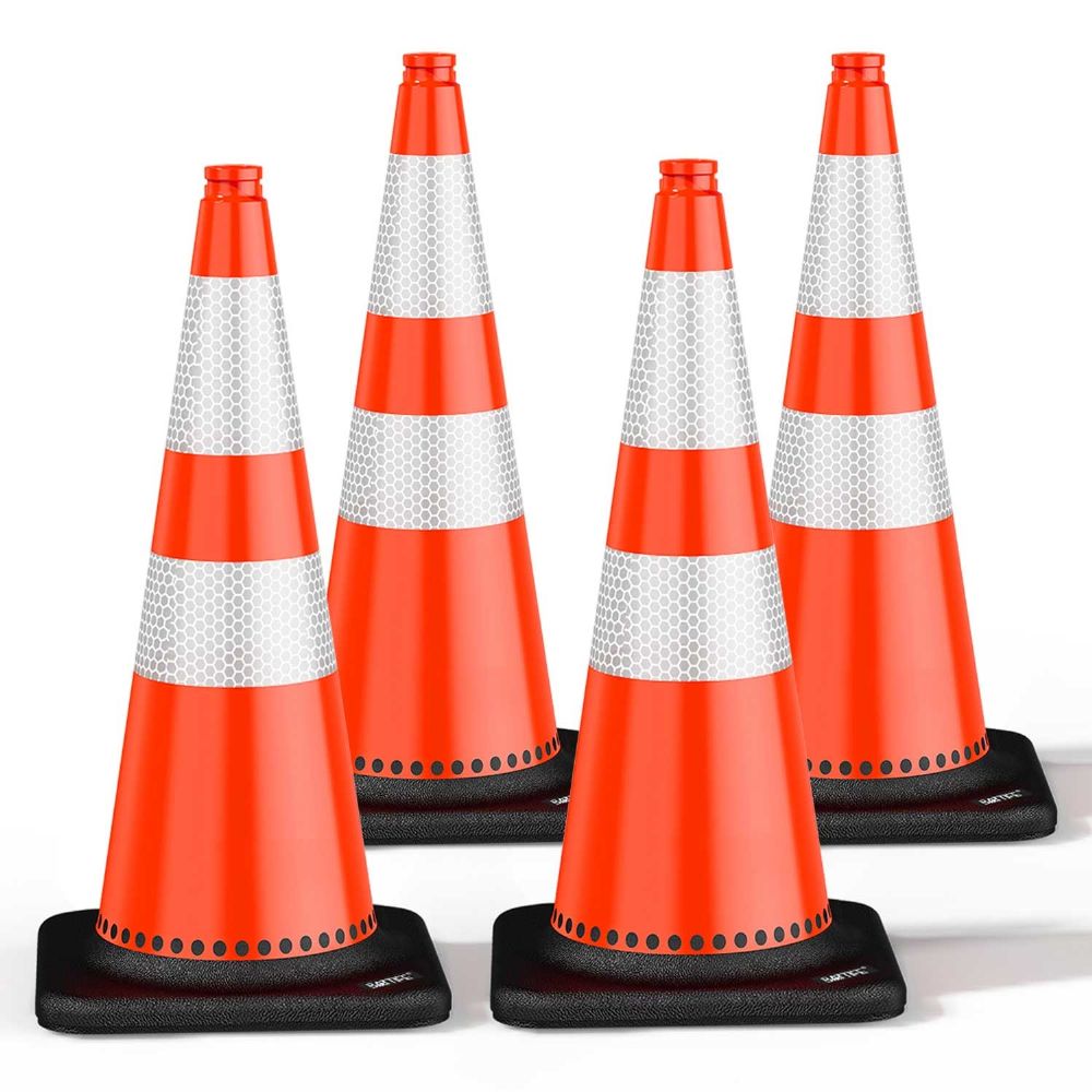 (4 Pack) BATTIFE Traffic Cones 28 Inch with Black Weighted Base,Durable PVC Orange Cone for Traffic Control,Construction Events, Driveway Road Parking Lot