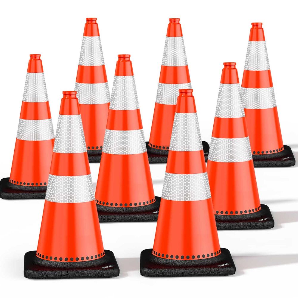 (8 Pack) BATTIFE Traffic Cones 28 Inch with Black Weighted Base,Durable PVC Orange Cone for Traffic Control,Construction Events, Driveway Road Parking Lot