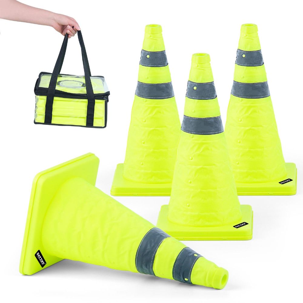 BATTIFE [4 Pack] 18 inch Collapsible Traffic Cones, Lime Green Safety Cones, Pop-up Cones with Reflective Collar, for Driving Practice,Road Parking (Green)
