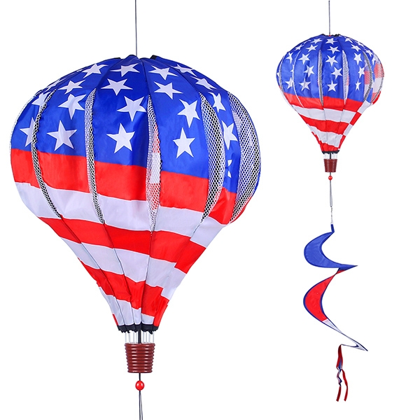 BATTIFE 2Pcs Patriotic Hot Air Balloon Wind Spinner, American Flag Kinetic Hanging Wind Twister with Tail, Outdoor Spiral Windmill Garden Yard Decoration