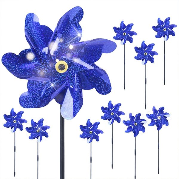 BATTIFE 10 Packs Blue Pinwheels for Yard and Garden, Sparkly Reflective Pinwheel for Scare Birds Away, Wind Spinner Deterrent Outdoor