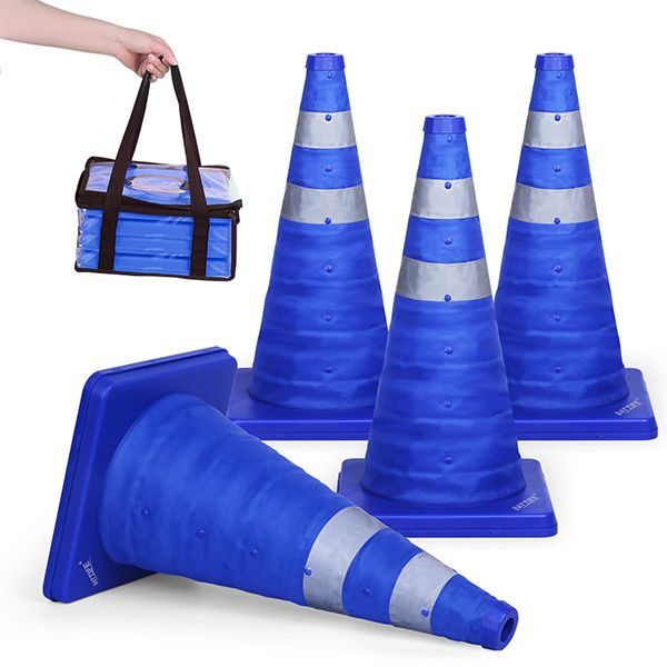 BATTIFE [4 Pack] 18 inch Collapsible Traffic Cones, Safety Cones, Pop-up Cones with Reflective Collar, for Driving Practice,Road Parking (Blue)