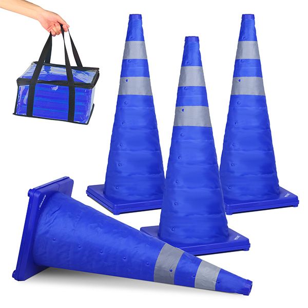 BATTIFE [4 Pack] 28'' inch Collapsible Traffic Safety Cones, Multi Purpose Pop-up Cones and Reflective Collar, for Road Parking, Driving Practice (Blue)