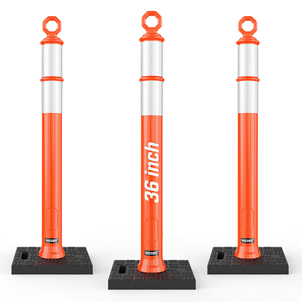 BATTIFE 3 Pack 36 Inch Traffic Delineator Posts with Base, Orange | 36-in orange delineator posts with reflective collars for driving practice, parking lots, driveways, and temporary lanes.