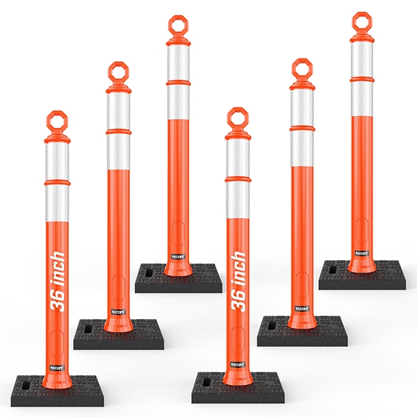 BATTIFE 6 Pack 36 Inch Traffic Delineator Posts with Base, Orange | 36-in orange delineator posts with reflective collars for driving practice, parking lots, driveways, and temporary lanes.