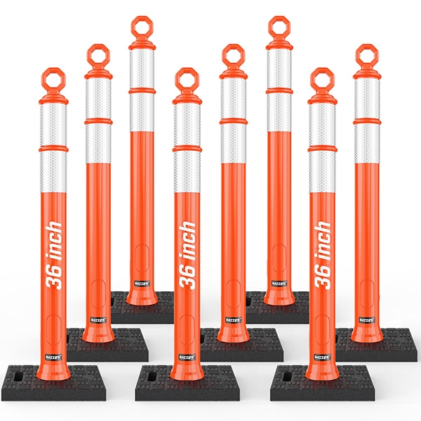 BATTIFE 8 Pack 36 Inch Traffic Delineator Posts with Base, Orange | 36-in orange delineator posts with reflective collars for driving practice, parking lots, driveways, and temporary lanes.