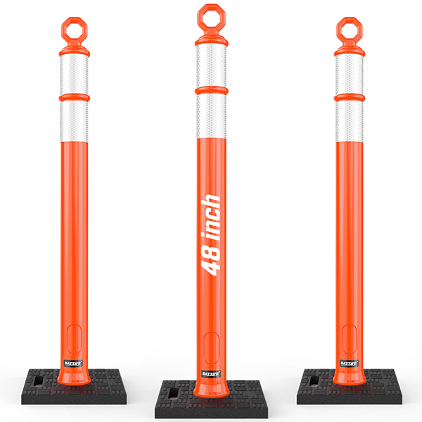 BATTIFE 3 Pack 48 Inch Traffic Delineator Posts with Base, Orange | 48-in orange delineator posts with reflective collars for construction zones, roadways, parking lots, and work areas.