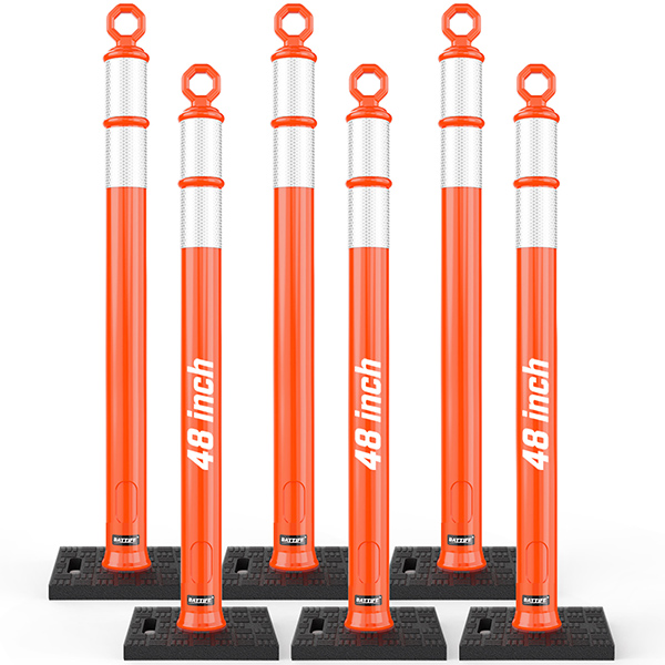 BATTIFE 6 Pack 48 Inch Traffic Delineator Posts with Base, Orange | 48-in orange delineator posts with reflective collars for construction zones, roadways, parking lots, and work areas.
