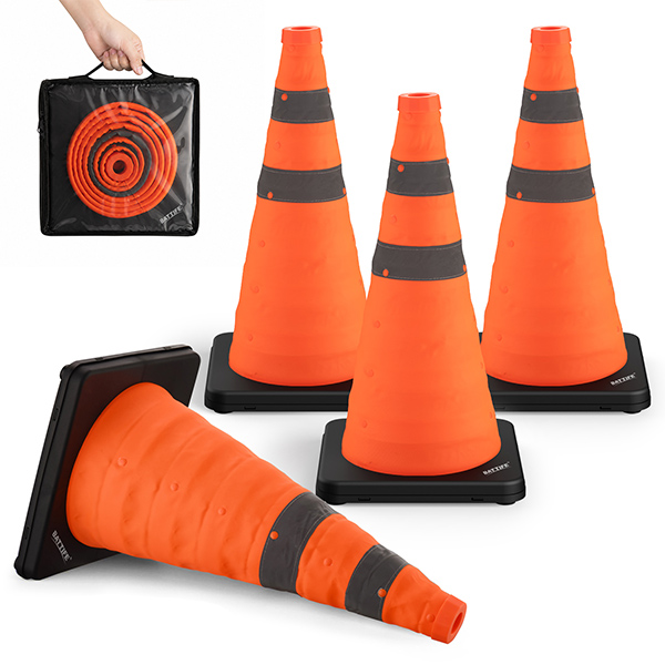 BATTIFE 18 inch Collapsible Traffic Safety Cones Orange Plastic Base 4 Pack | Collapsible folds flat, reflective strips, sturdy PVC, lightweight,ideal for parking, driving, construction, emergencies