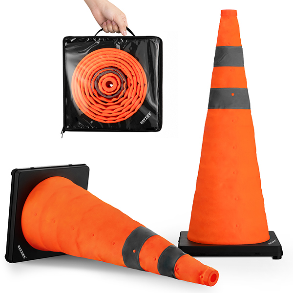 BATTIFE 28 inch Collapsible Traffic Safety Cones Orange Plastic Base 2 Pack | Collapsible folds flat, reflective strips, sturdy PVC, lightweight,ideal for parking, driving, construction, emergencies