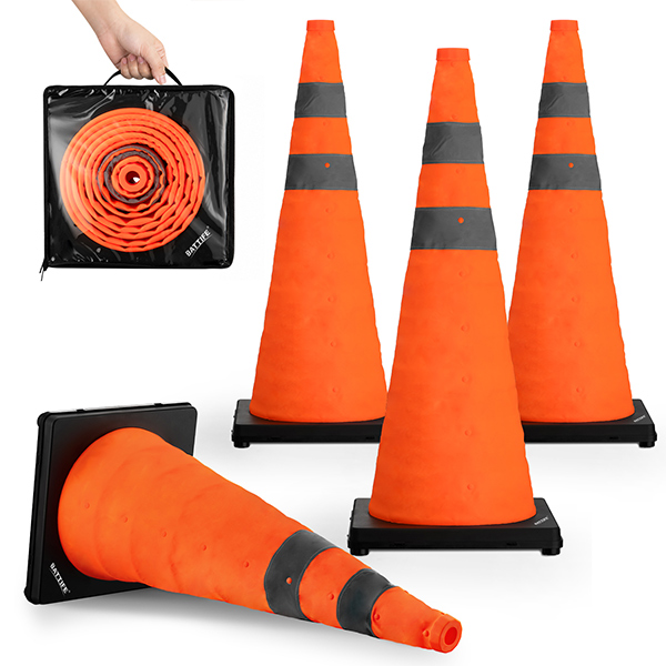 BATTIFE 28 inch Collapsible Traffic Safety Cones Orange Plastic Base 4 Pack | Collapsible folds flat, reflective strips, sturdy PVC, lightweight,ideal for parking, driving, construction, emergencies