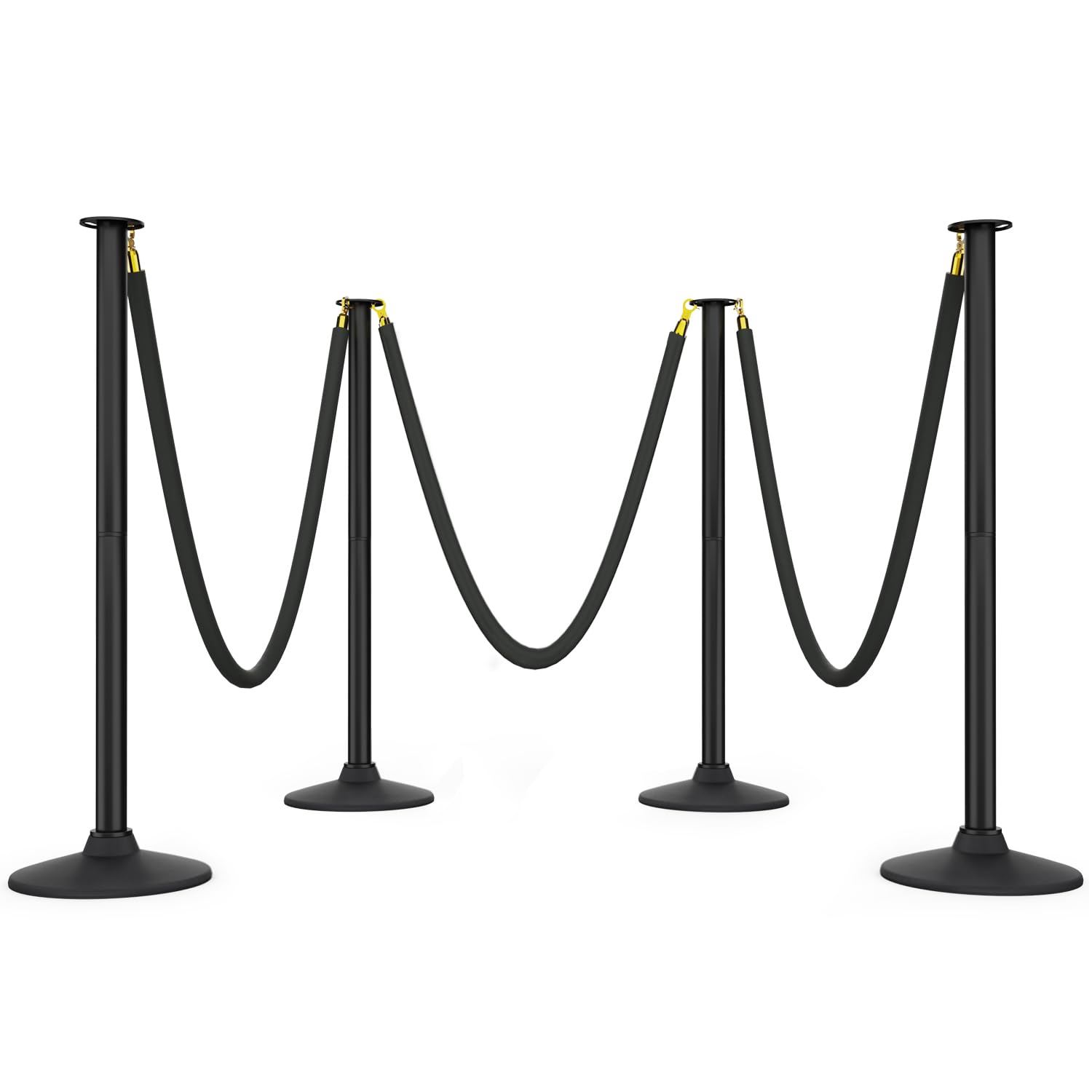 BATTIFE 4 Pack Plastic Stanchion Posts, 3 Black Velvet Ropes, Crowd Control | Rubber-plastic bases with 5-ft velvet ropes; stanchion stands for events, theaters, red carpets, parties, and queue lines.