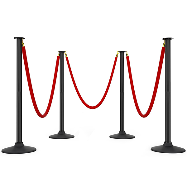 BATTIFE 4 Pack Plastic Stanchion Posts, 3 Red Velvet Ropes, Crowd Control | Rubber-plastic bases with 5-ft velvet ropes; stanchion stands for events, theaters, red carpets, parties, and queue lines.