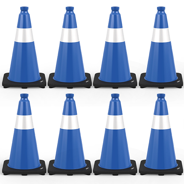 BATTIFE 8 Pack 18 Inch Traffic Cones, PVC Blue Cone, Black Weighted Base | 18-in PVC traffic safety cones with black weighted base and 1 reflective band for traffic control, driveways, parking lots.
