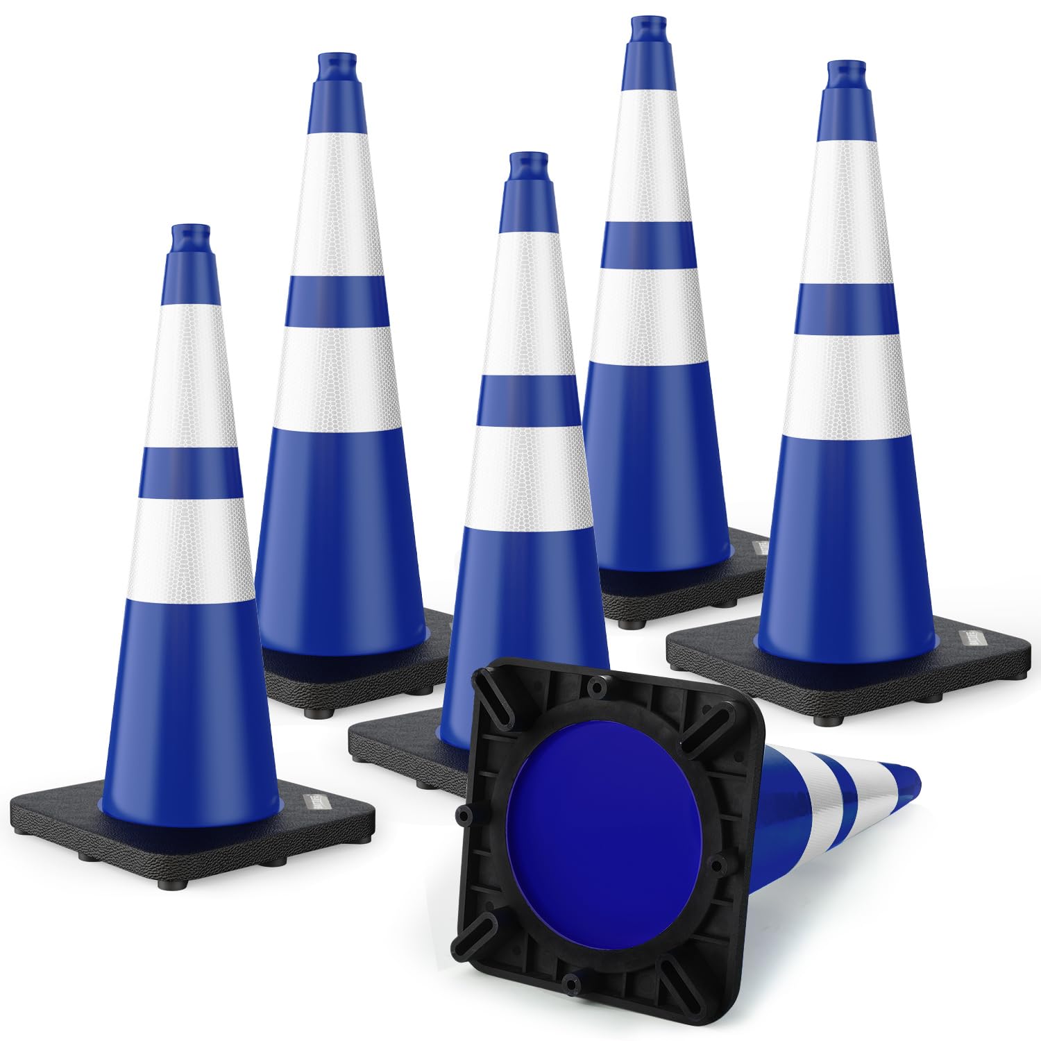 BATTIFE 28 inch Traffic Safety Cones Blue with Weighted Base 6 Pack | Heavy duty design, reflective collars, flexible PVC, easy storage, ideal for parking lots, construction & traffic control