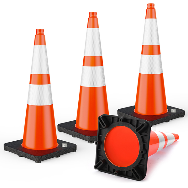 BATTIFE 28 inch Traffic Safety Cones Orange with Weighted Base 4 Pack | Heavy duty design, reflective collars, flexible PVC, easy storage, ideal for parking lots, construction & traffic control
