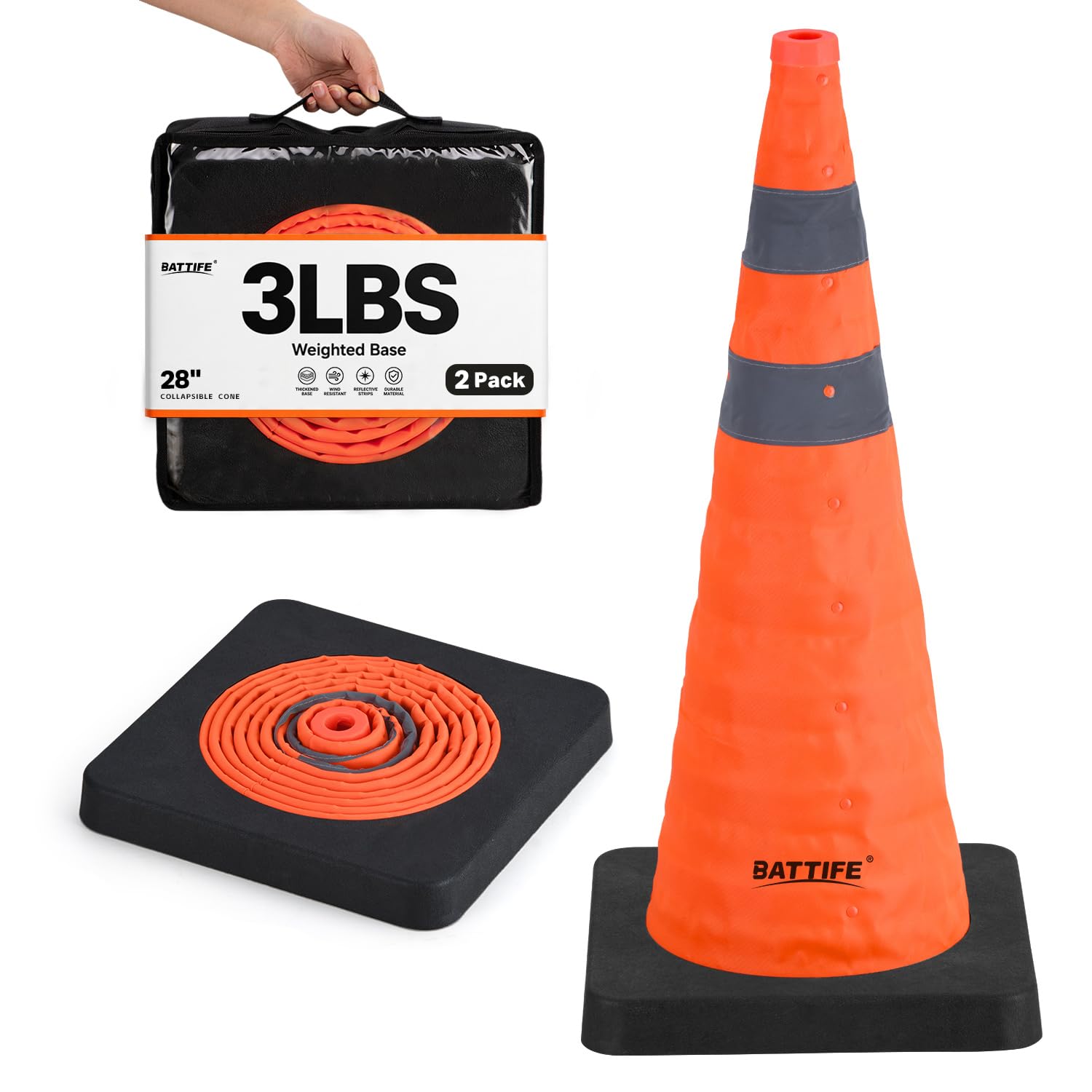 BATTIFE 28 inch Collapsible Orange Traffic Safety Cones Weighted Base 2 Pcs | 3LBS heavy-duty design, reflective collar, pop-up for easy storage, for parking practice, construction & roadside emergencies