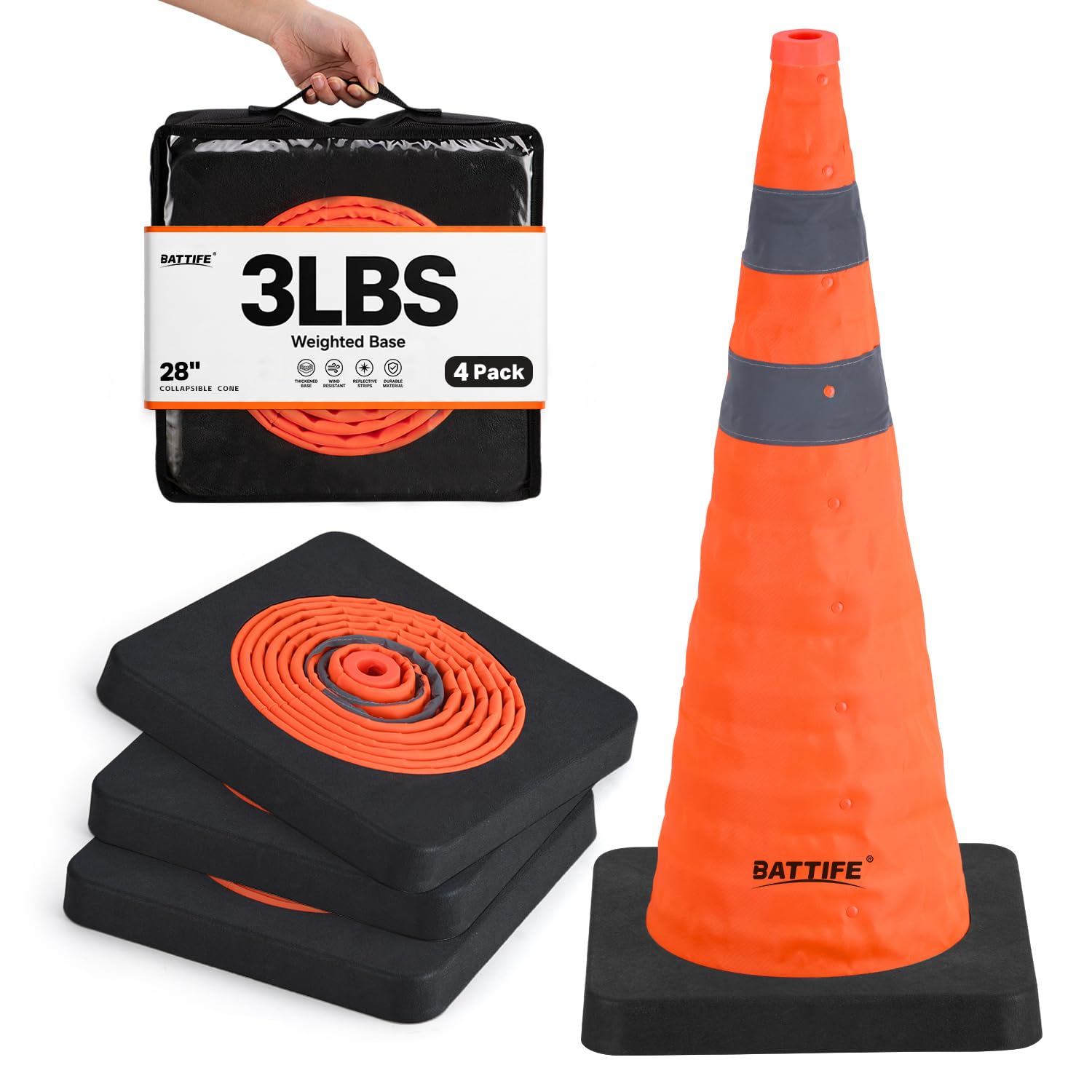 BATTIFE 28 inch Collapsible Orange Traffic Safety Cones Weighted Base 4 Pcs | 3LBS heavy-duty design, reflective collar, pop-up for easy storage, for parking practice, construction & roadside emergencies